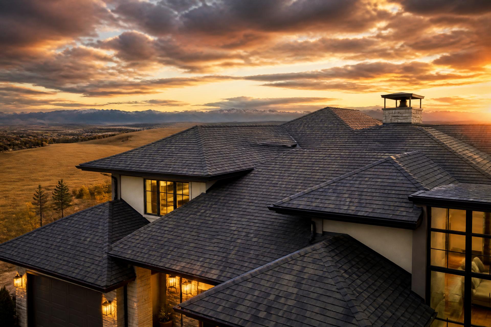Newly installed shingle roof on a Calgary home at sunset